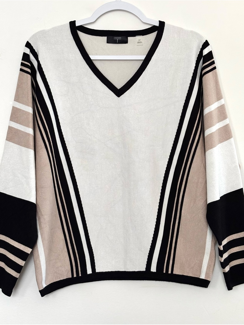 Tahari Cream, Taupe and Black V-Neck Stripe Long Sleeve Top/ Sweater s S
